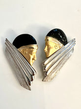 Load image into Gallery viewer, Vintage 80s Art Deco Flapper Diva Earrings, High End Estate Find, Two Tone Matte Gold & Silver & Black Enamel, Exquisite! post backs