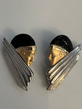 Load image into Gallery viewer, Vintage 80s Art Deco Flapper Diva Earrings, High End Estate Find, Two Tone Matte Gold & Silver & Black Enamel, Exquisite! post backs