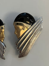 Load image into Gallery viewer, Vintage 80s Art Deco Flapper Diva Earrings, High End Estate Find, Two Tone Matte Gold & Silver & Black Enamel, Exquisite! post backs