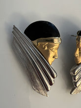 Load image into Gallery viewer, Vintage 80s Art Deco Flapper Diva Earrings, High End Estate Find, Two Tone Matte Gold & Silver & Black Enamel, Exquisite! post backs