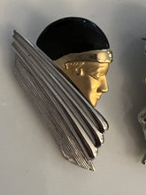 Load image into Gallery viewer, Vintage 80s Art Deco Flapper Diva Earrings, High End Estate Find, Two Tone Matte Gold & Silver & Black Enamel, Exquisite! post backs