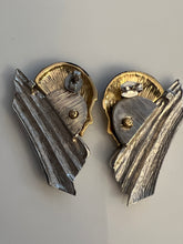 Load image into Gallery viewer, Vintage 80s Art Deco Flapper Diva Earrings, High End Estate Find, Two Tone Matte Gold & Silver & Black Enamel, Exquisite! post backs