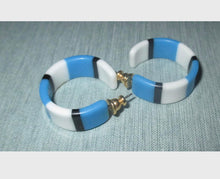 Load image into Gallery viewer, Vintage Mod Striped Hoops, 80s New Wave Earrings, 2 pairs Yellow and Blue