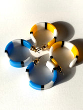 Load image into Gallery viewer, Vintage Mod Striped Hoops, 80s New Wave Earrings, 2 pairs Yellow and Blue