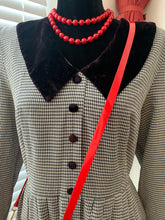 Load image into Gallery viewer, 80s Vintage Black and White Checked Holiday Dress with Black Velvet Sweetheart Collar