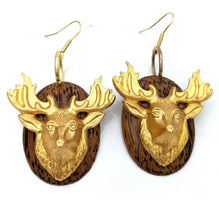 Load image into Gallery viewer, Gay Isber Deer Head Statement Earrings, Rustic Brass on Wood Oval Dangles, Trending Designer Jewelry made in Austin Texas, USA