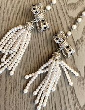 Load image into Gallery viewer, 9 Inches Shoulder Dusters! Faux Pearl with Tassels and Silver tone Bows with Rhinestones