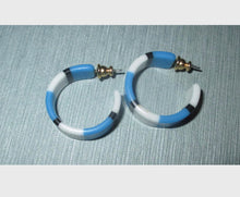 Load image into Gallery viewer, Vintage Mod Striped Hoops, 80s New Wave Earrings, 2 pairs Yellow and Blue