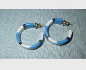 Vintage Mod Striped Hoops, 80s New Wave Earrings, 2 pairs Yellow and Blue