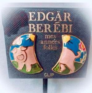 Vintage Signed Designer Edgar Berebi Enamel Pig Earrings