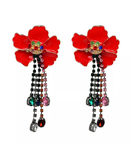 Beautiful Red Enamel Flower Statement Earrings