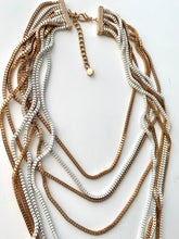 Load image into Gallery viewer, Dramatic White Enamel and Golden Disco Statement Necklace, 9 Cascading Sexy Slinky Chains complete any Retro 90s Glam Fashion!