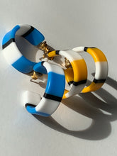 Load image into Gallery viewer, Vintage Mod Striped Hoops, 80s New Wave Earrings, 2 pairs Yellow and Blue