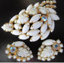 Load image into Gallery viewer, Hollywood Regency Milk Glass Pin and Earrings- White Jewelry Set, Vintage Art Deco Glamour Wedding Jewelry