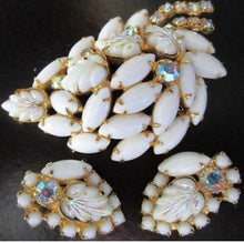 Load image into Gallery viewer, Hollywood Regency Milk Glass Pin and Earrings- White Jewelry Set, Vintage Art Deco Glamour Wedding Jewelry