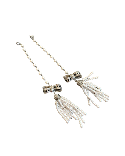 9 Inches Shoulder Dusters! Faux Pearl with Tassels and Silver tone Bows with Rhinestones