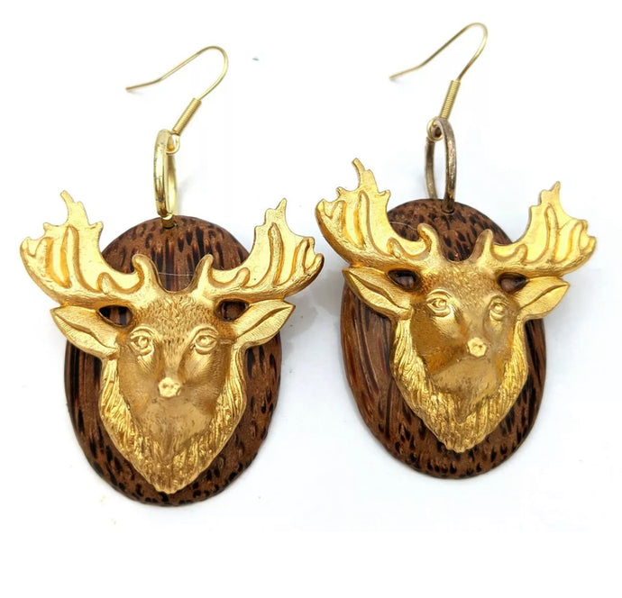 Gay Isber Deer Head Statement Earrings, Rustic Brass on Wood Oval Dangles, Trending Designer Jewelry made in Austin Texas, USA