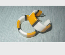 Load image into Gallery viewer, Vintage Mod Striped Hoops, 80s New Wave Earrings, 2 pairs Yellow and Blue