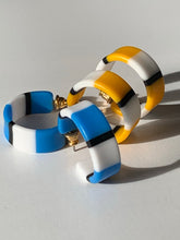 Load image into Gallery viewer, Vintage Mod Striped Hoops, 80s New Wave Earrings, 2 pairs Yellow and Blue