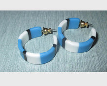 Load image into Gallery viewer, Vintage Mod Striped Hoops, 80s New Wave Earrings, 2 pairs Yellow and Blue