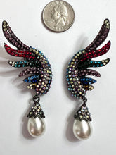 Load image into Gallery viewer, Y2k Rainbow Rhinestone Wings Baroque Pearl Teardrop Runway Statement Earrings • Red Carpet Show Stoppers!