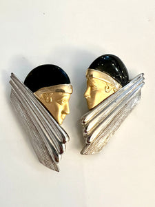 Vintage 80s Art Deco Flapper Diva Earrings, High End Estate Find, Two Tone Matte Gold & Silver & Black Enamel, Exquisite! post backs