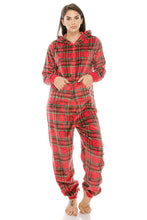 Load image into Gallery viewer, Red Plaid Flannel Onsie Jumpsuit Pj  Pajamas W/ Hoodie