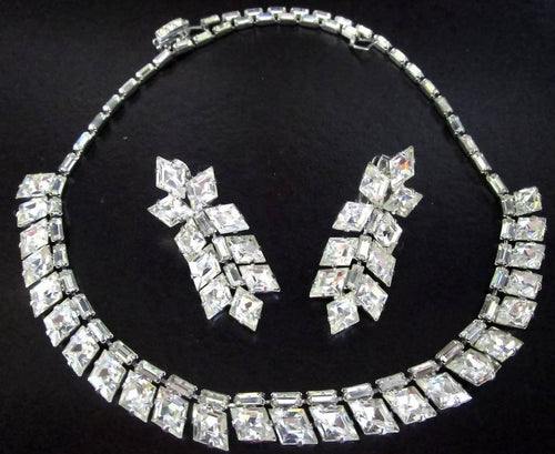 Vintage Baguette Rhinestone Necklace & Earring Set