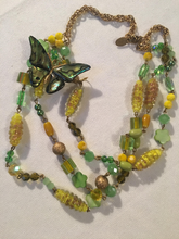 Load image into Gallery viewer, GAY ISBER Canary Yellow Copper Fluss Art Glass Abalone Butterfly Necklace