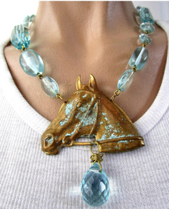 One of a Kind GAY ISBER Aqua Crystal Horse Head Statement Necklace