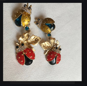 Darling Enamel Ladybug Dangles, Runway Glamour Statement Earrings