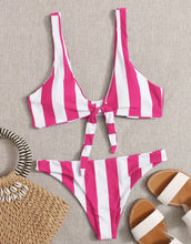 Load image into Gallery viewer, Hot Pink and White Striped Front Tie Bikini