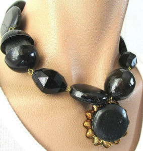 Gay Isber Chunky Black Beads with Golden Flower Statement Necklace, Runway Designer Glamour Jewelry