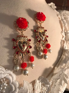 Sicily Red Camellia Flower Golden Heart & Creamy Pearl Earrings ,Frida Kahlo Style