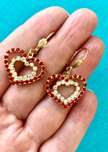 Vintage Red Rhinestone Heart Dangle Earrings