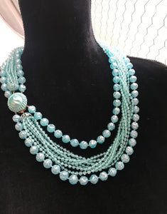 Vintage 1950s movie star glam Sky Blue Beads, multistrand Statement necklace