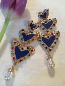 Blue Enamel Rainbow Heart Dangle Runway Earrings