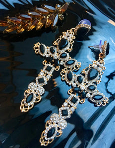 Gothic Black Rhinestone and Golden Cross Statement Earrings
