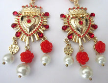 Load image into Gallery viewer, Sicily Red Camellia Flower Golden Heart &amp; Creamy Pearl Earrings ,Frida Kahlo Style