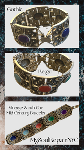 Gothic Regalia, Mid Century Sarah Cov Ornate Bracelet with Jewel tone Cabochons