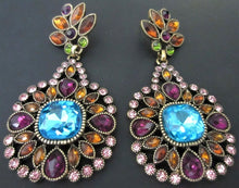 Load image into Gallery viewer, Regal Aqua Blue Gem Gothic Statement Earrings with a Rainbow of Jewel Tone Rhinestone accents
