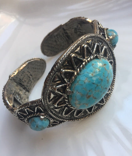 Mid Century Vintage Cuff Bracelet, Faux Turquoise Southwestern Costume Jewelry