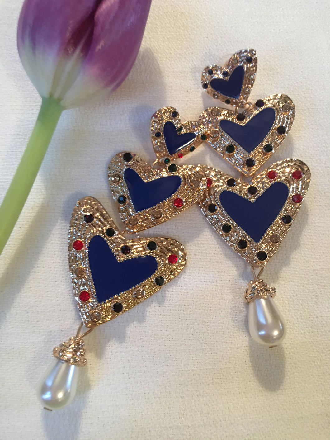 Blue Enamel Rainbow Heart Dangle Runway Earrings