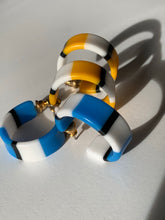 Load image into Gallery viewer, Vintage Mod Striped Hoops, 80s New Wave Earrings, 2 pairs Yellow and Blue