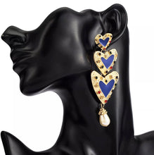 Load image into Gallery viewer, Blue Enamel Rainbow Heart Dangle Runway Earrings
