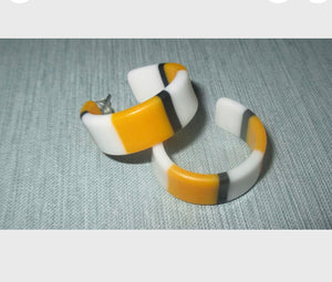 Vintage Mod Striped Hoops, 80s New Wave Earrings, 2 pairs Yellow and Blue