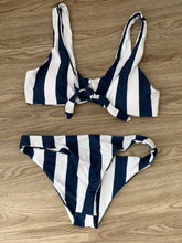 Load image into Gallery viewer, Navy and White Striped Front Tie Bikini Loo