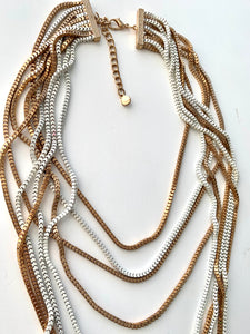 Dramatic White Enamel and Golden Disco Statement Necklace, 9 Cascading Sexy Slinky Chains complete any Retro 90s Glam Fashion!