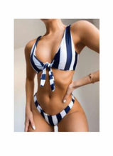 Load image into Gallery viewer, Navy and White Striped Front Tie Bikini Loo