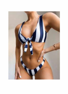 Navy and White Striped Front Tie Bikini Loo